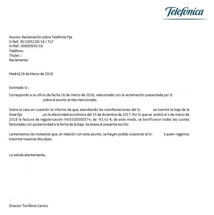 Contestación Movistar reclamacion a Telecomunicaciones