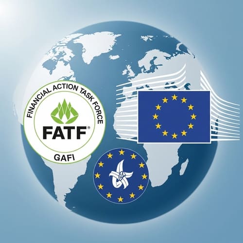 Logotipo del GAFI (FATF) y la Unión Europea, símbolos de la normativa internacional contra el blanqueo