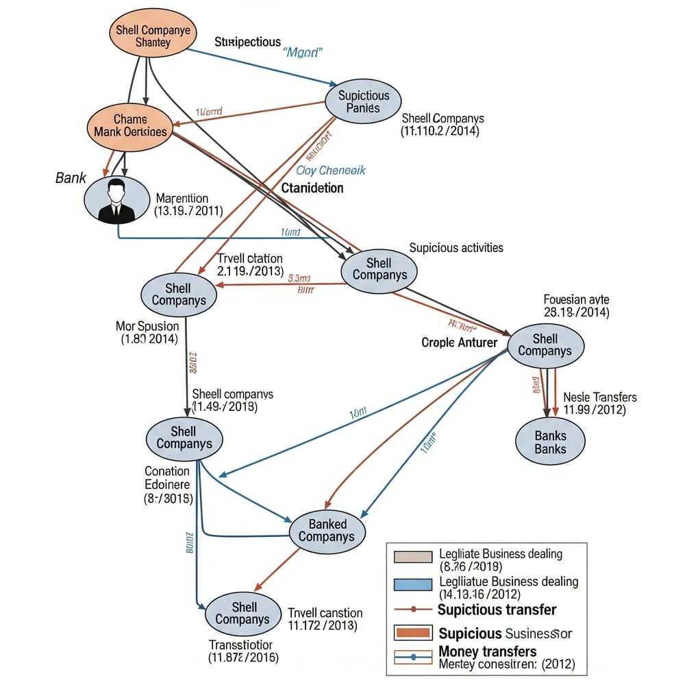 Gráfico de la estructura de un esquema de lavado de dinero con transacciones complejas